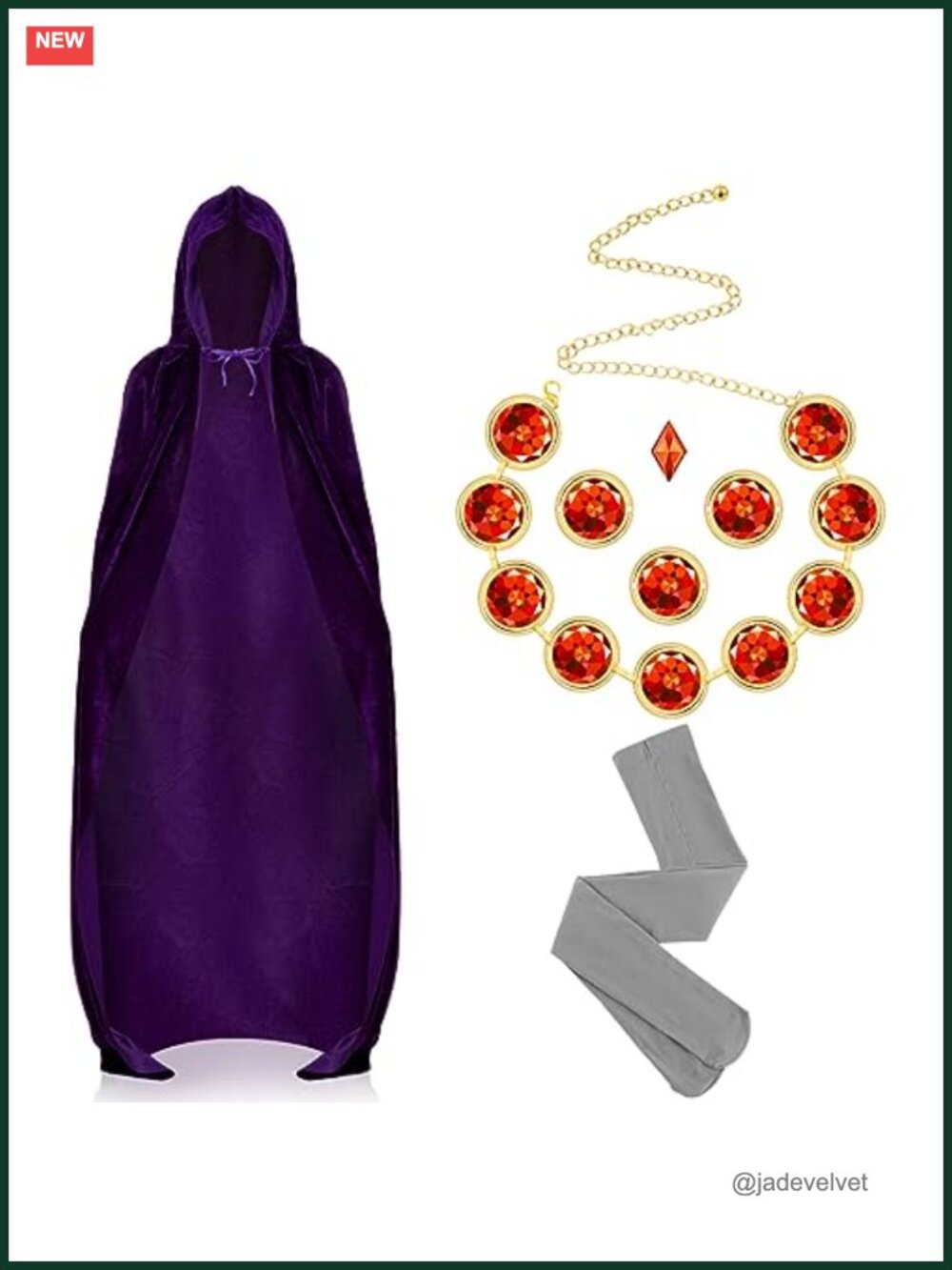 Velvet Hooded Cape Costume Set with Red Gem Chain Belt, Pantyhose & Eye Mask